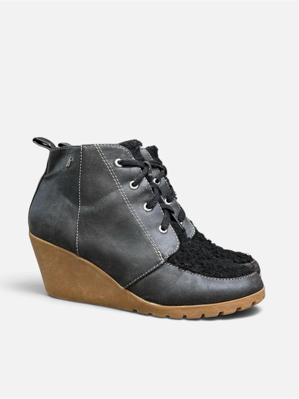 Nautica Waterline Mixed Media Faux Leather & Sherpa Lace-Up Wedge Booties
